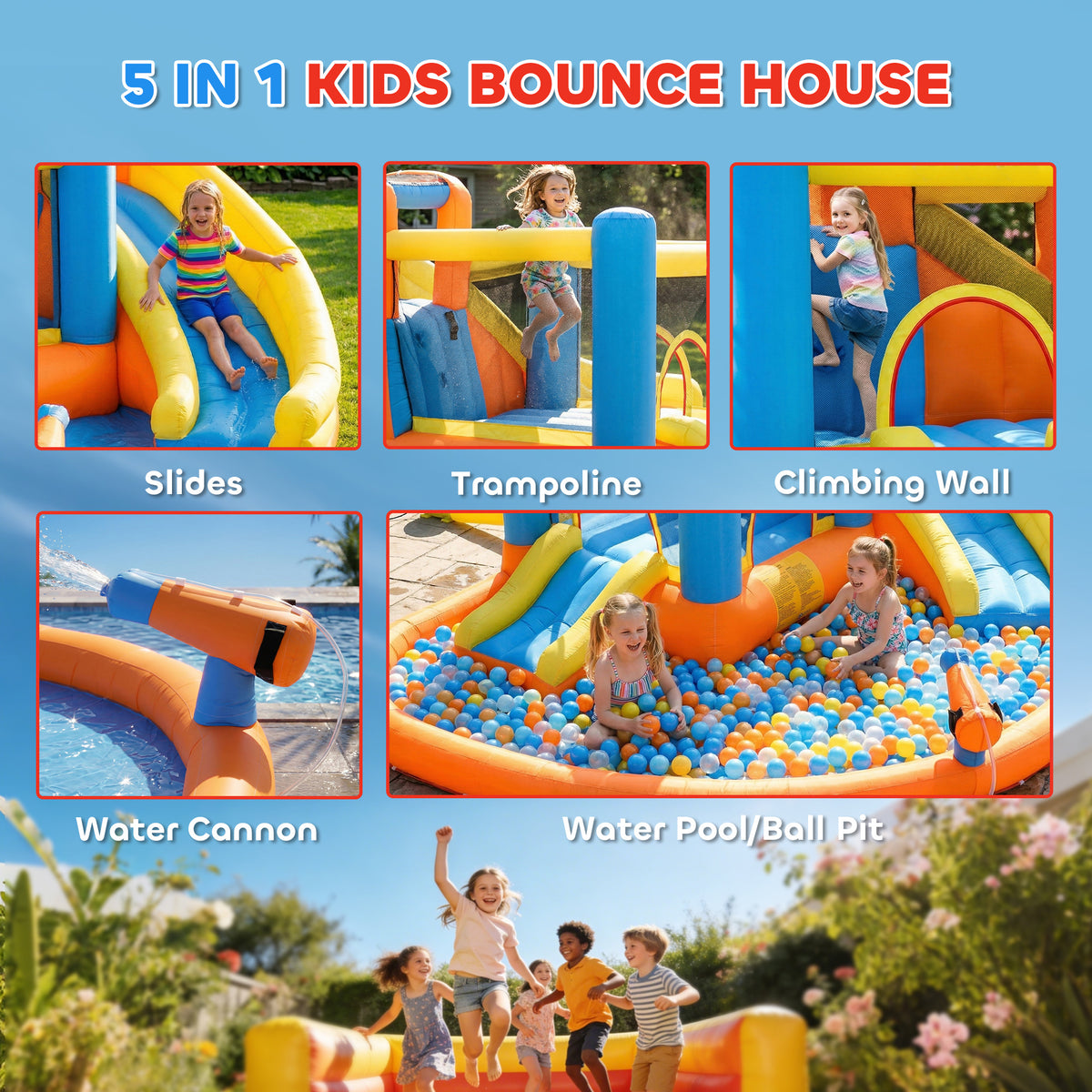 AIYAPLAY 5 in 1 Bouncy Castle for Children, Inflatable Bounce House with Dual Slides, Pool, Climbing Wall, Water Cannons, Blower