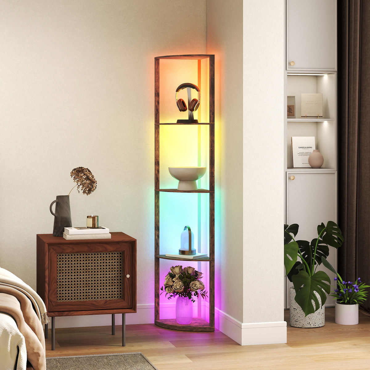 HOMCOM RGB Standing Lamp with Shelves, 4-Tier LED Floor Lamp with Multiple Lighting Modes, Rustic Brown