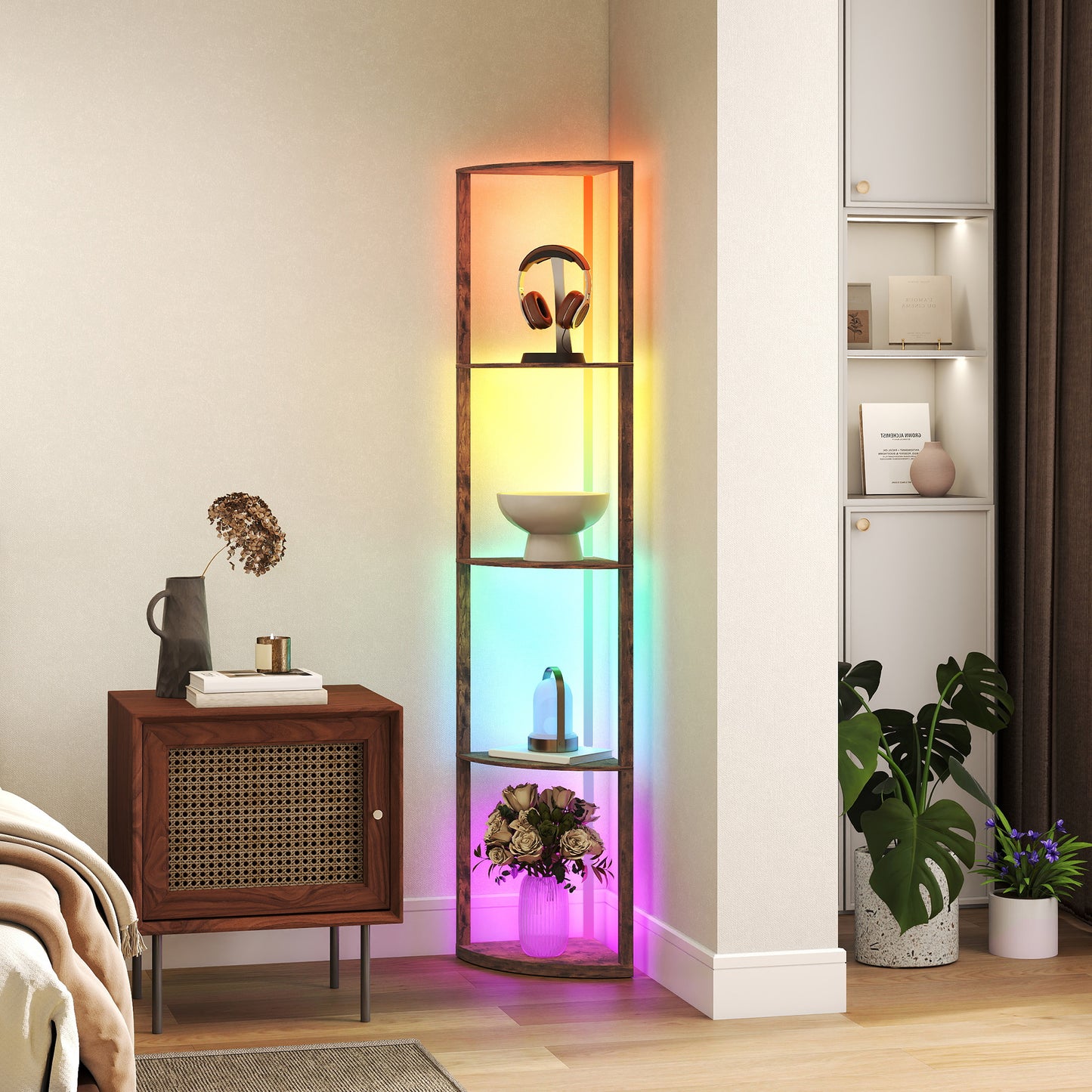 HOMCOM RGB Standing Lamp with Shelves, 4-Tier LED Floor Lamp with Multiple Lighting Modes, Rustic Brown
