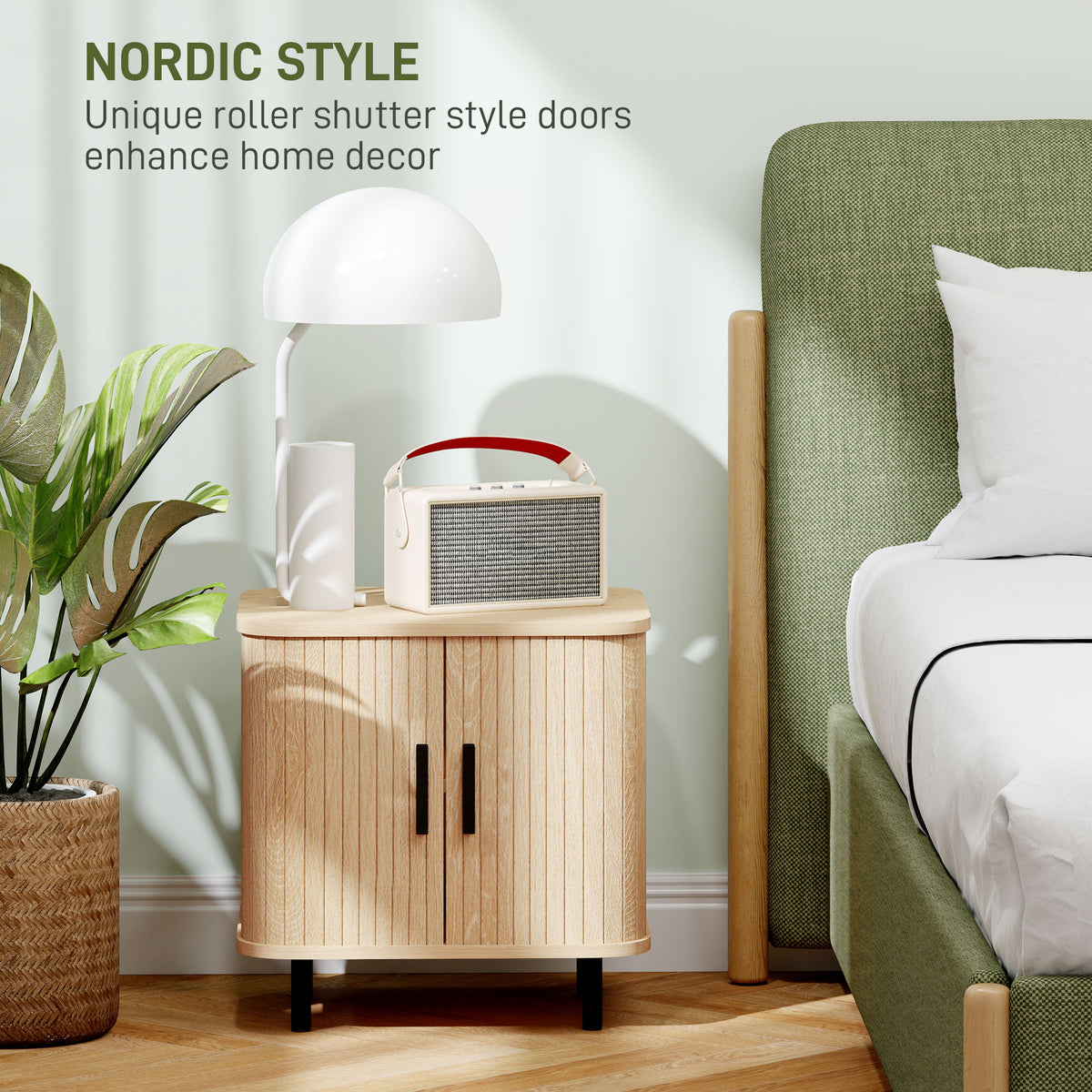 Oak-tone nightstand beside a bed, featuring curved corners and vertical slatted doors