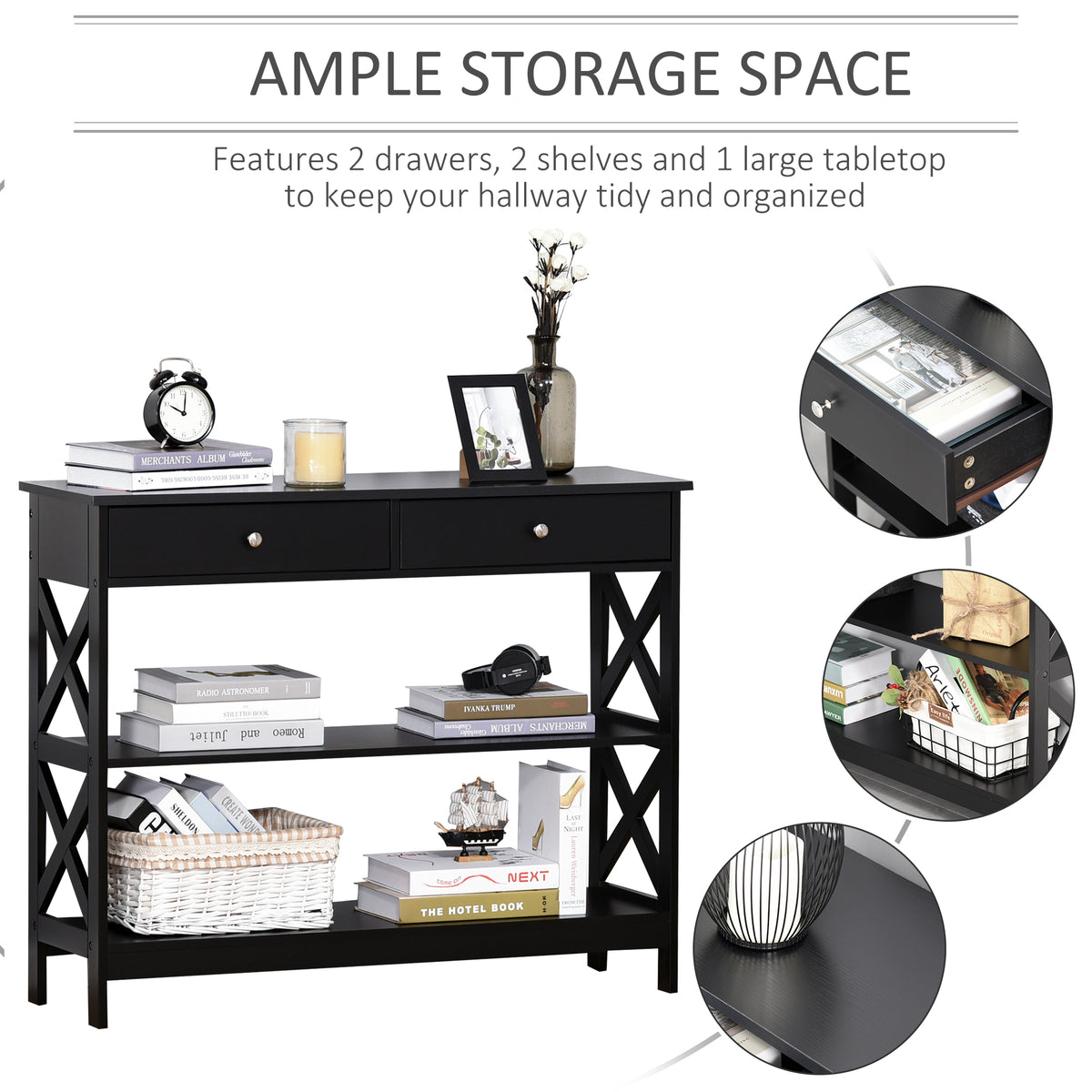 Black console table shown with two drawers, two shelves and tabletop storage.