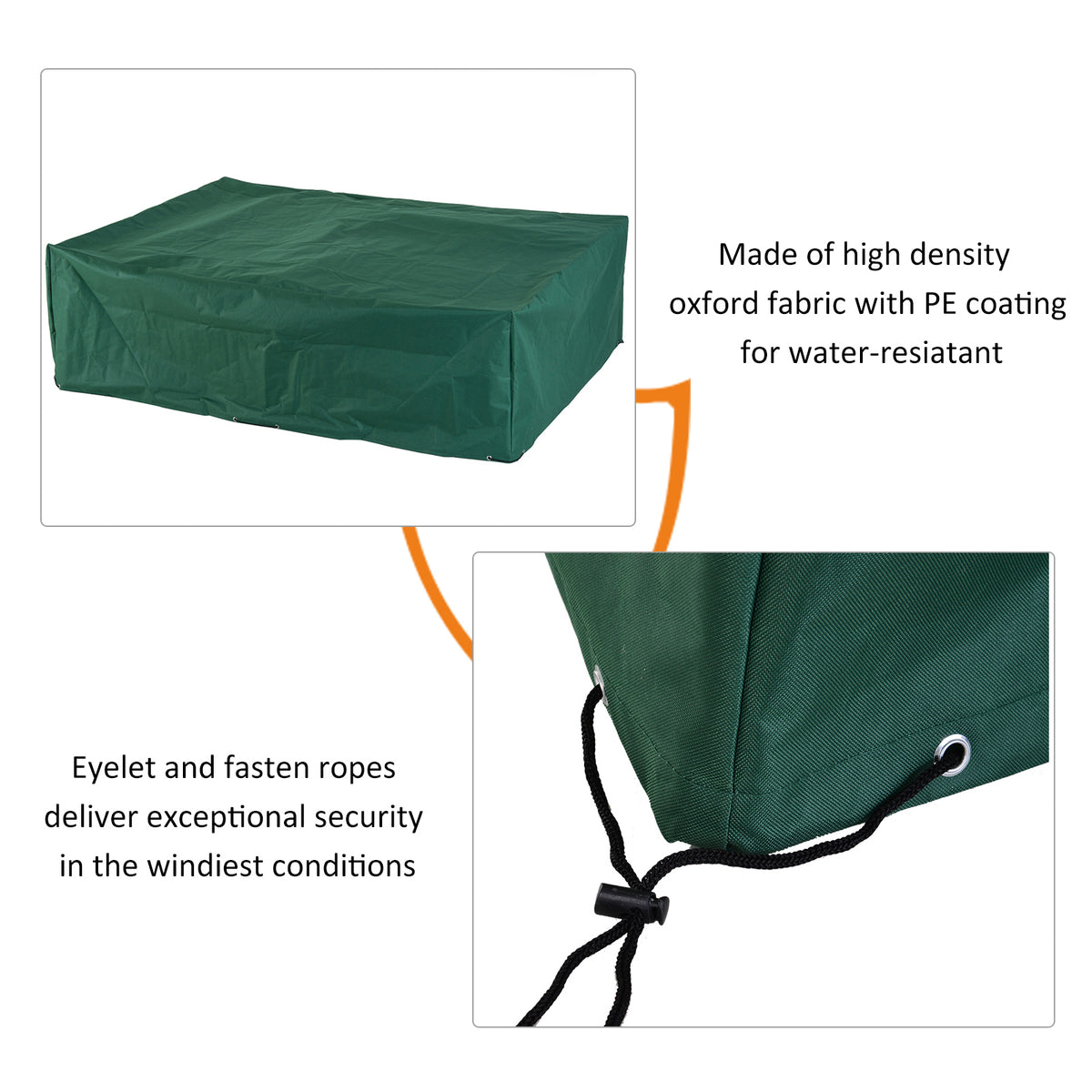 Green furniture cover with fabric eyelets and a fastening rope