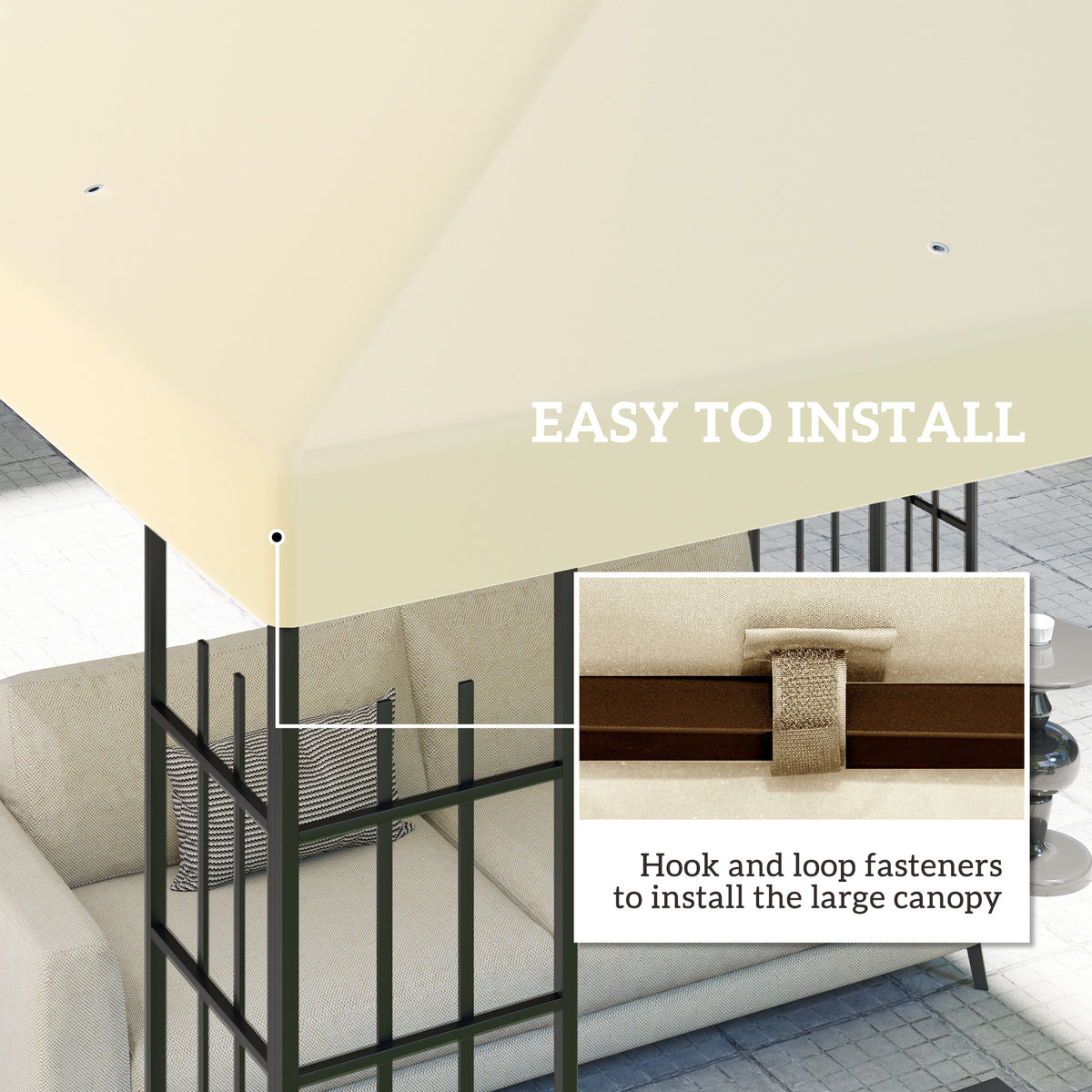 Cream gazebo canopy with hook-and-loop fasteners for installation