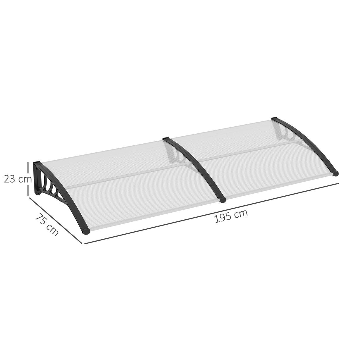Clear polycarbonate door canopy measuring 195 cm wide, 75 cm deep, and 23 cm high