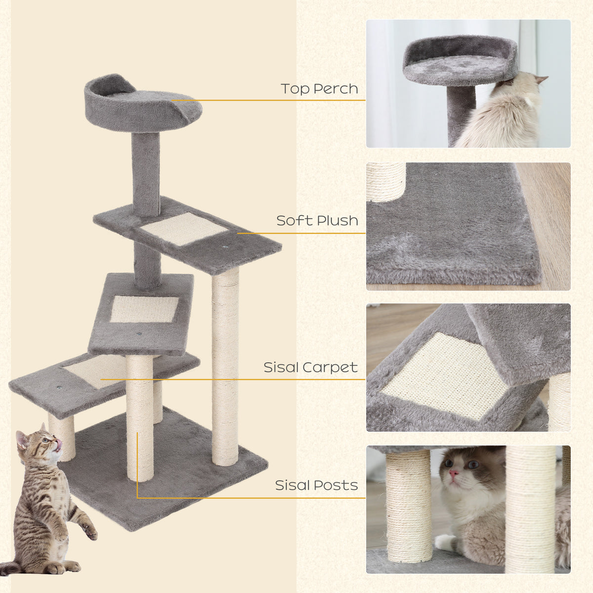 Grey cat tree with plush platforms, sisal scratching pads and wrapped posts