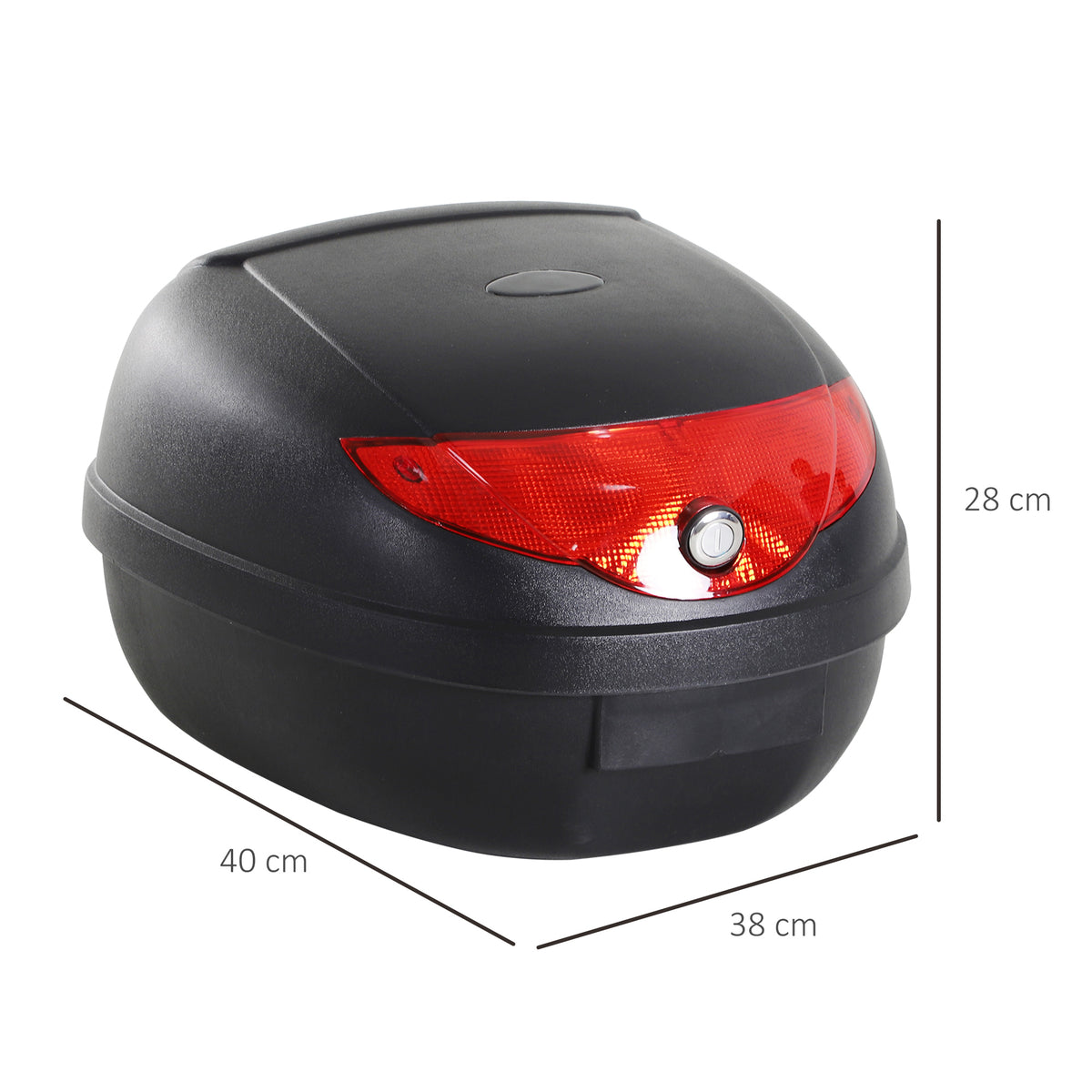 Black motorcycle top box with red reflector and lock, shown with dimensions of 40 by 38 by 28 cm