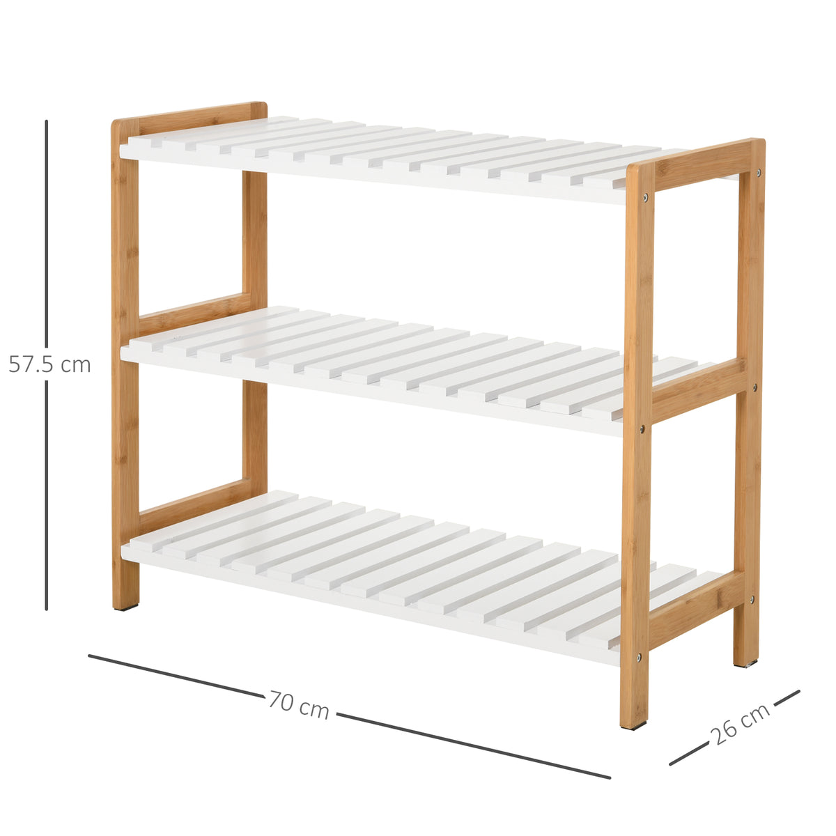 Three-tier shoe rack with natural wood frame and white slatted shelves, shown with dimensions.