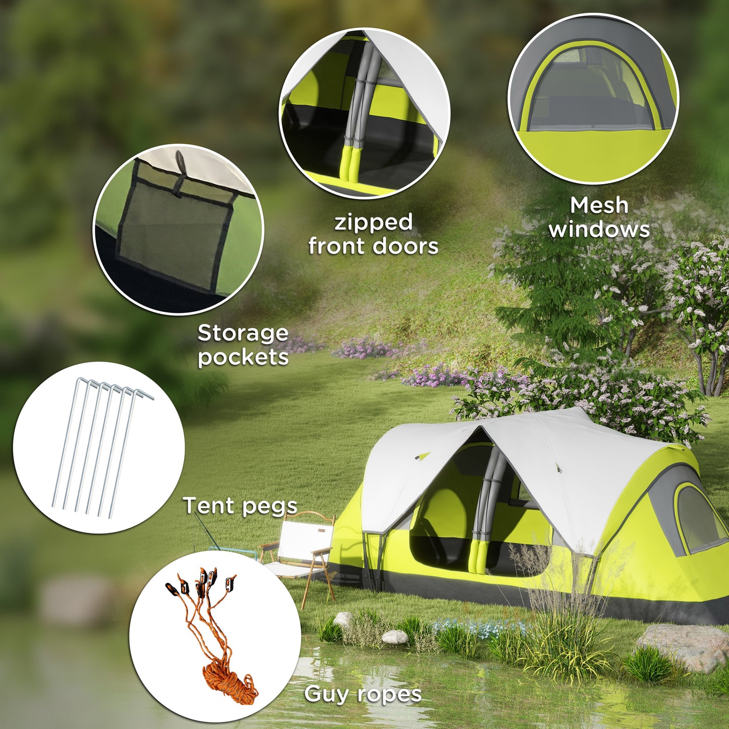 Outsunny Camping Tent for 6 Man with 2000mm Water Resistant Rainfly and Carry Bag for Fishing Hiking Festival, Yellow