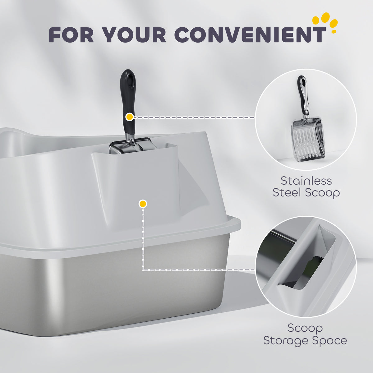 PawHut XXL Stainless Steel Cat Litter Box with High Sides, Metal Scoop, 70 x 50 x 30 cm