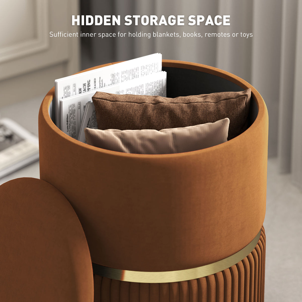 Open brown storage ottoman holding cushions and papers inside