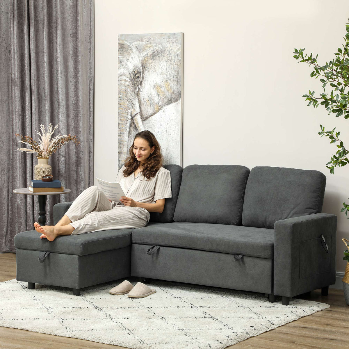 HOMCOM Pull Out Sofa Bed with 113 x 49cm storage space - Charcoal Grey