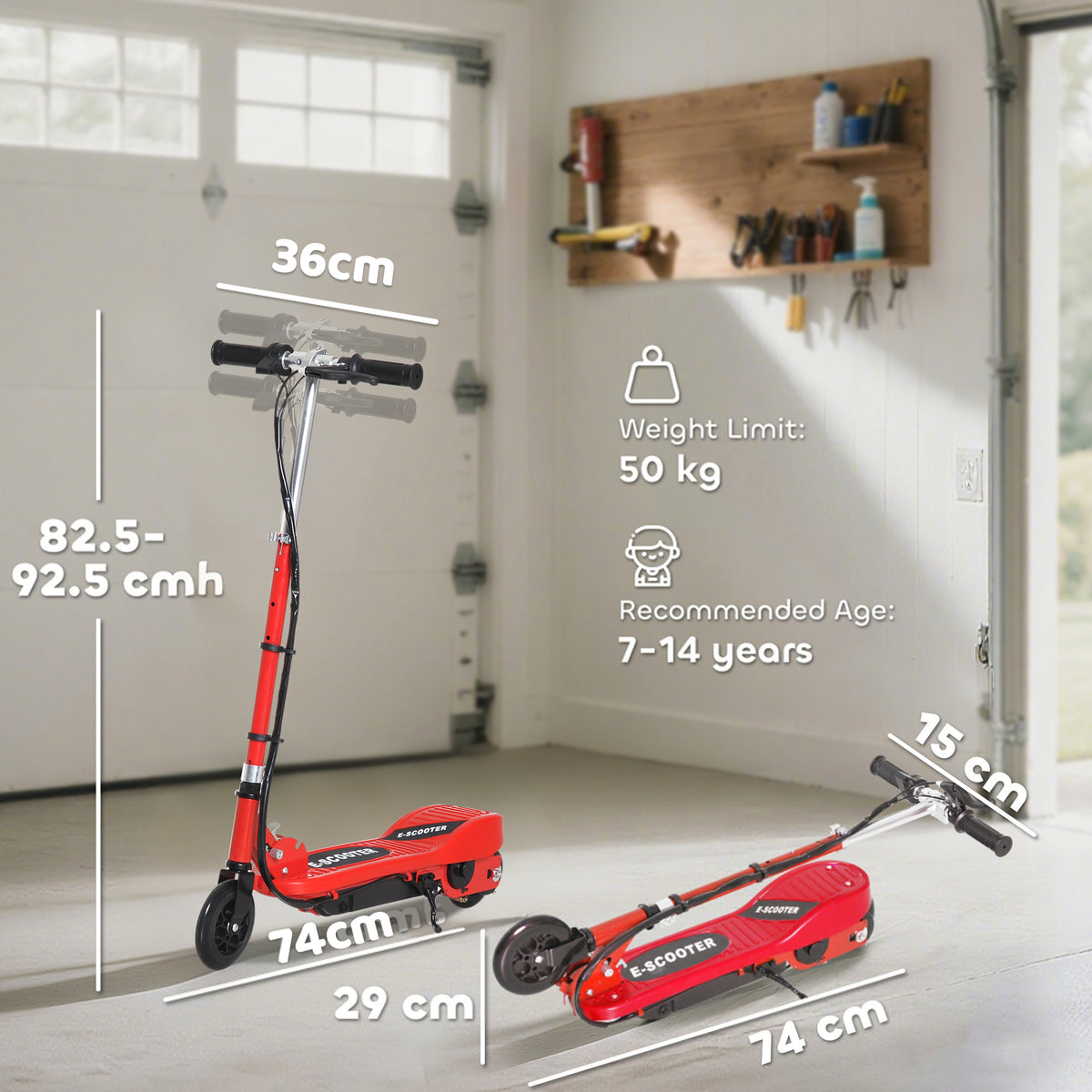 Red HOMCOM electric scooter shown upright and folded, with size and weight details
