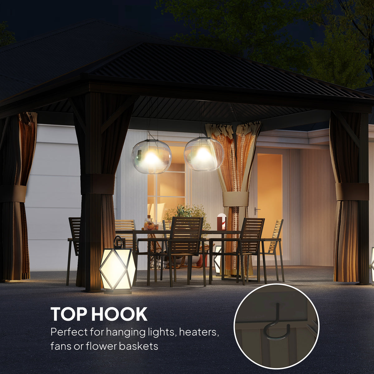 Hardtop gazebo with hanging hook beneath the roof for lights or accessories