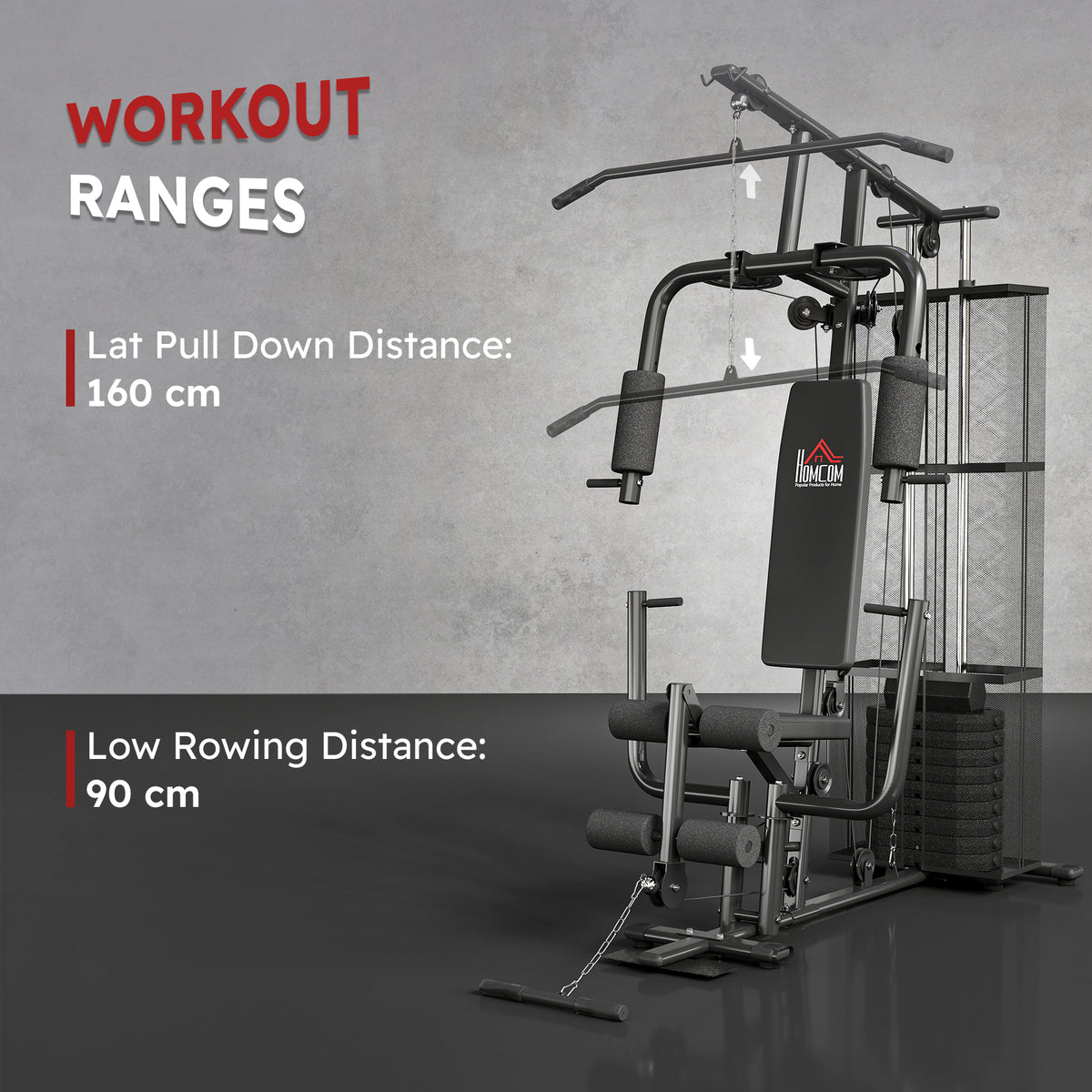 Home gym system with lat pulldown bar, seated row footplate and weight stack