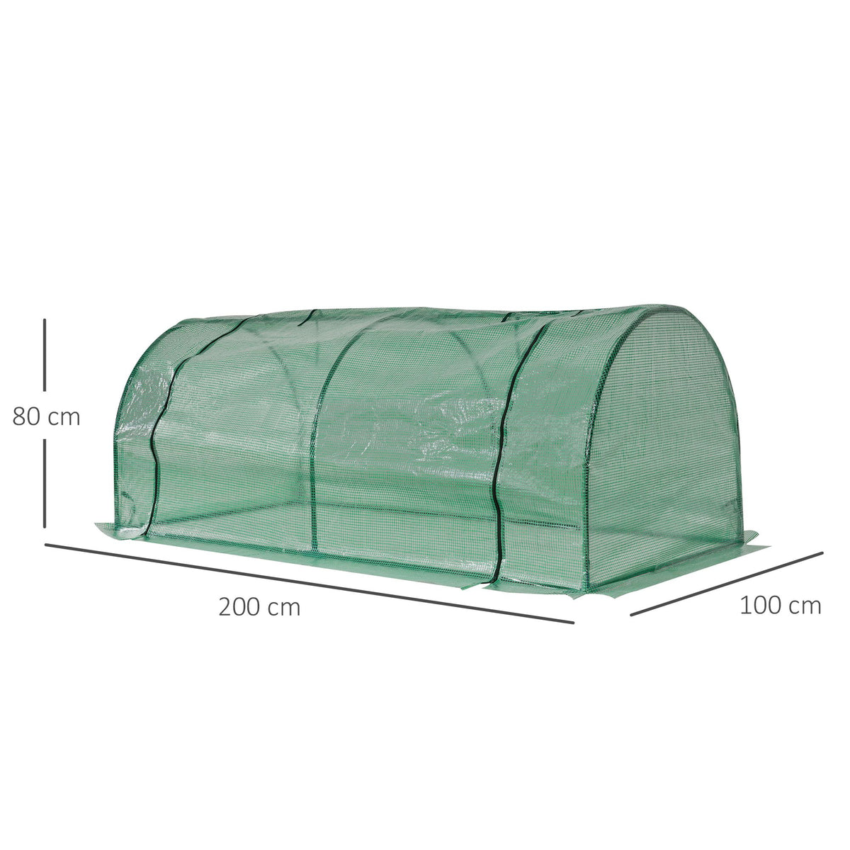 Green tunnel greenhouse with PE cover, shown with 200 x 100 x 80 cm dimensions