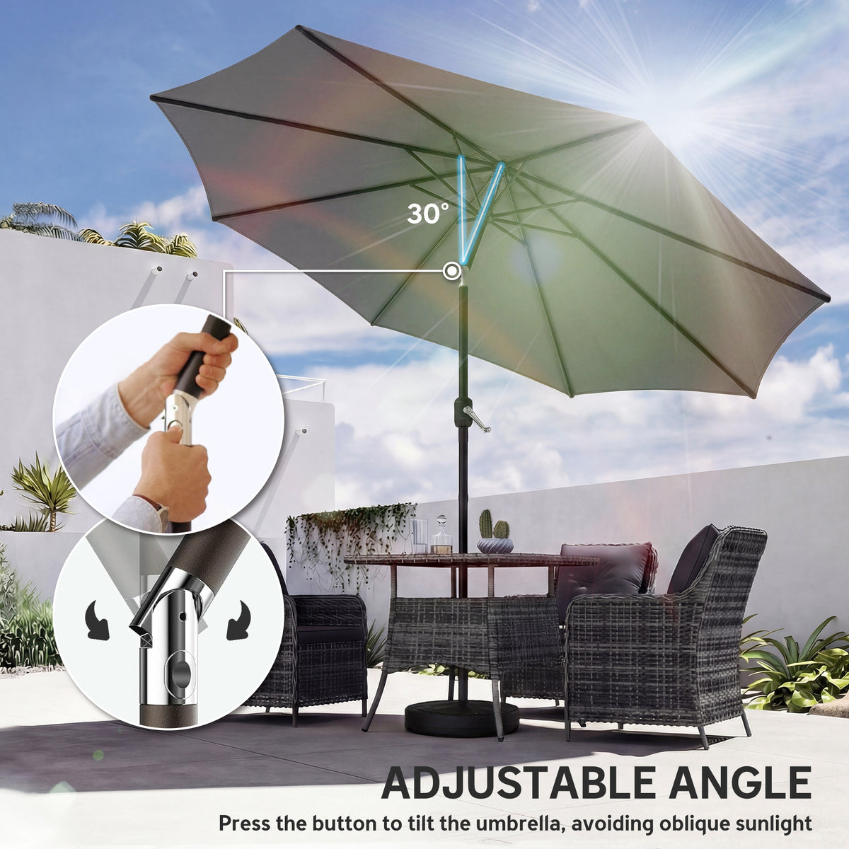 Outsunny 2.7 m Garden Parasol Umbrella with Cross Base and Sandbag, Retractable Ribs, Outdoor Table Market Umbrella, Light Grey