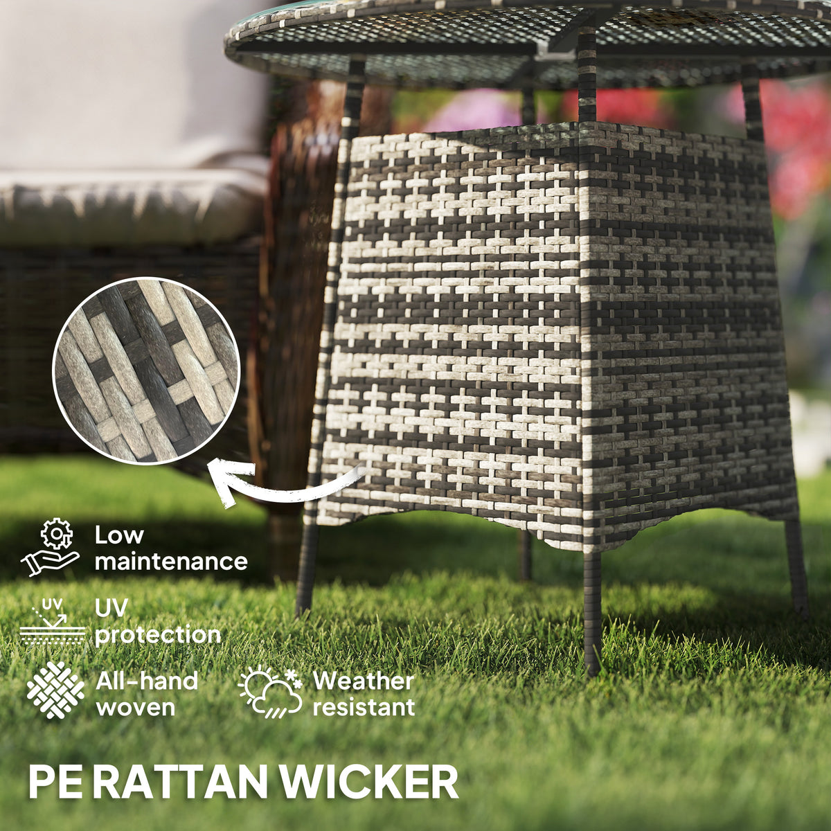 Outsunny patio table with close-up view of its woven gray PE rattan base