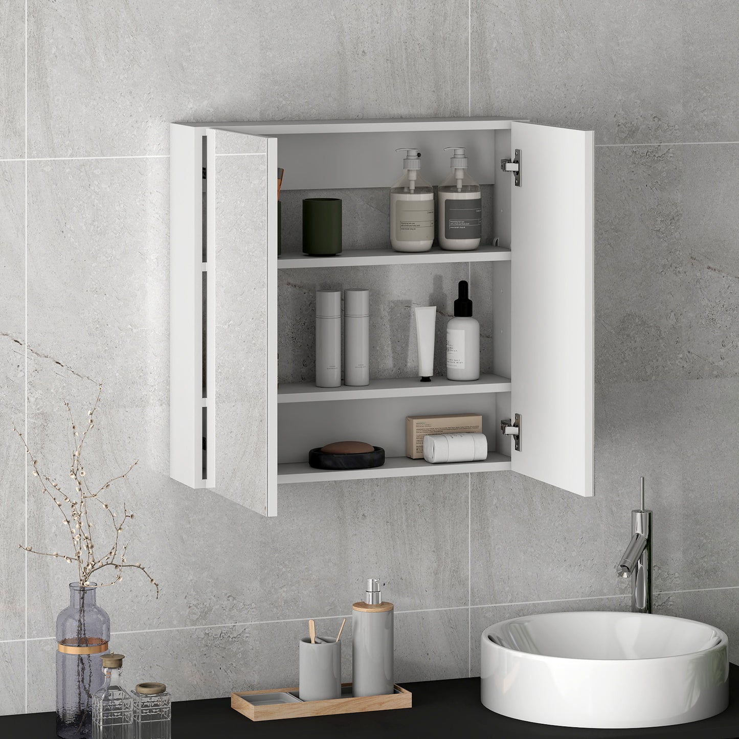 HOMCOM white bathroom mirror cabinet with open doors and three shelves
