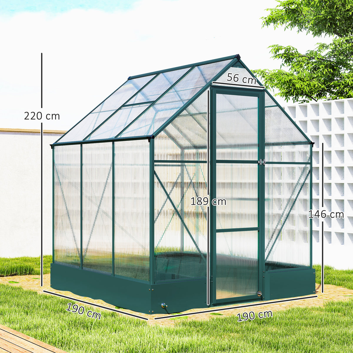 Greenhouse with translucent panels and dark green frame, shown with dimensions