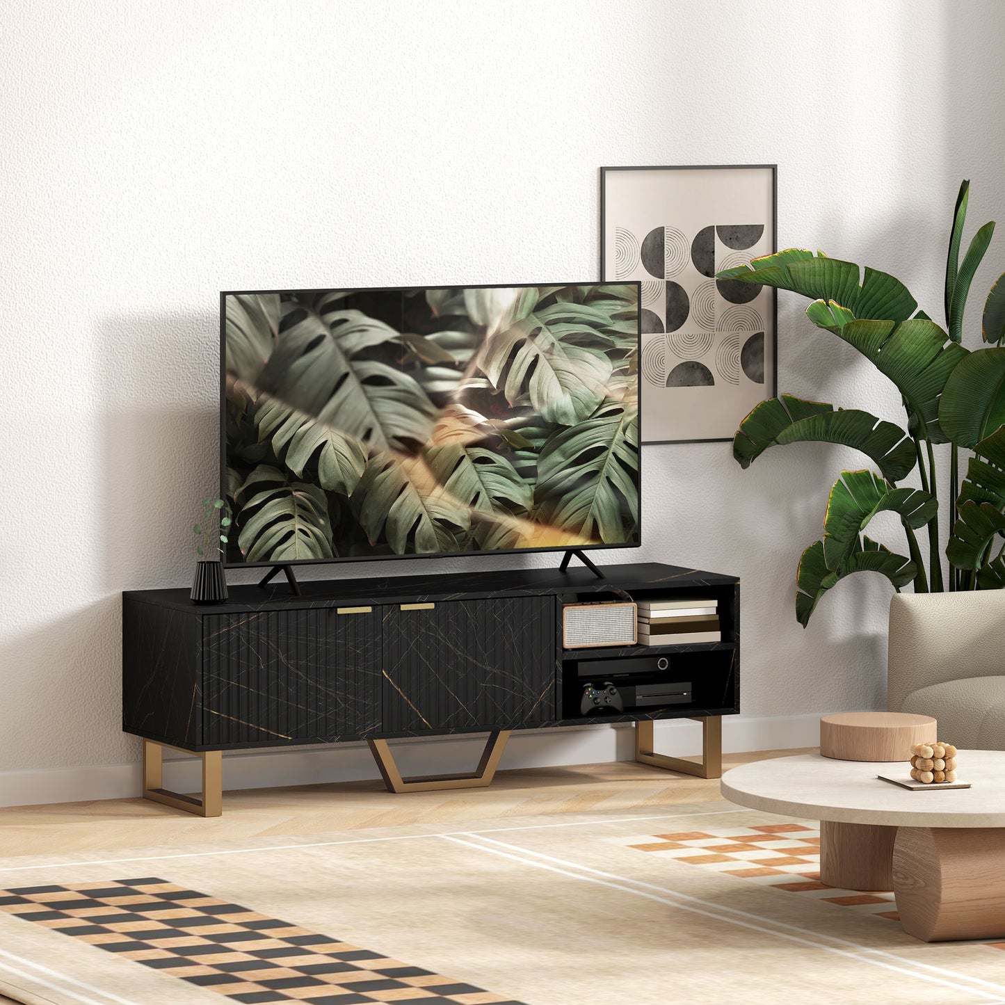 HOMCOM Marble Effect TV Unit, TV Stand Cabinet for up to 70" TVs, Modern TV Cabinet with Shelves and Storage Cupboard, Fluted Door, Extra Centre Leg, Cable Management for Living Room, Black