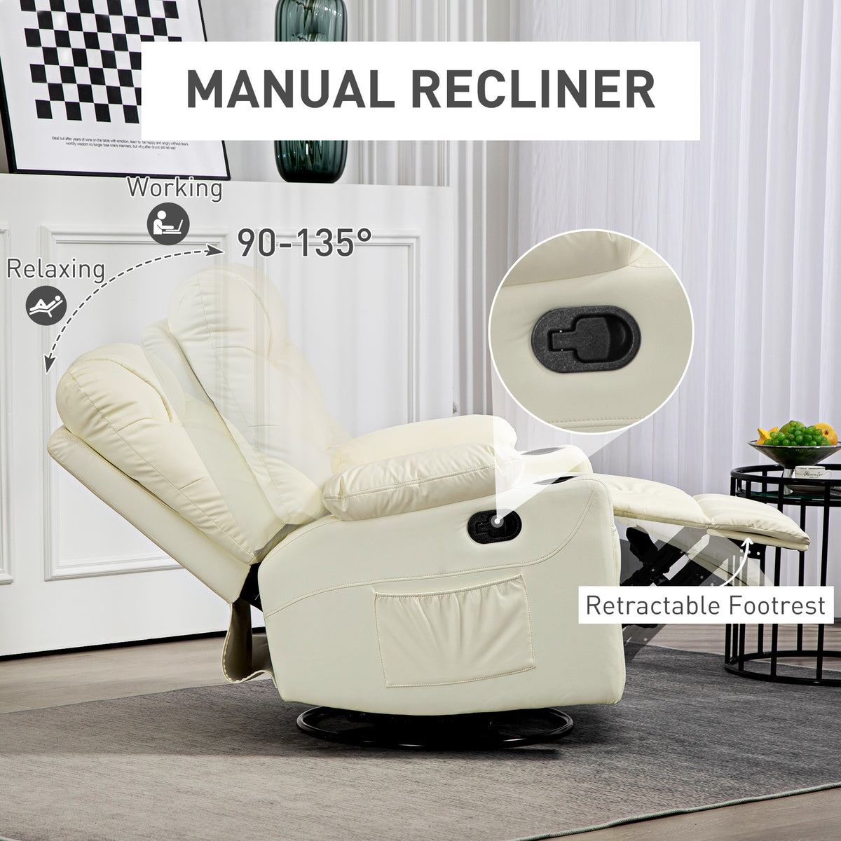 Cream manual recliner with adjustable backrest and retractable footrest