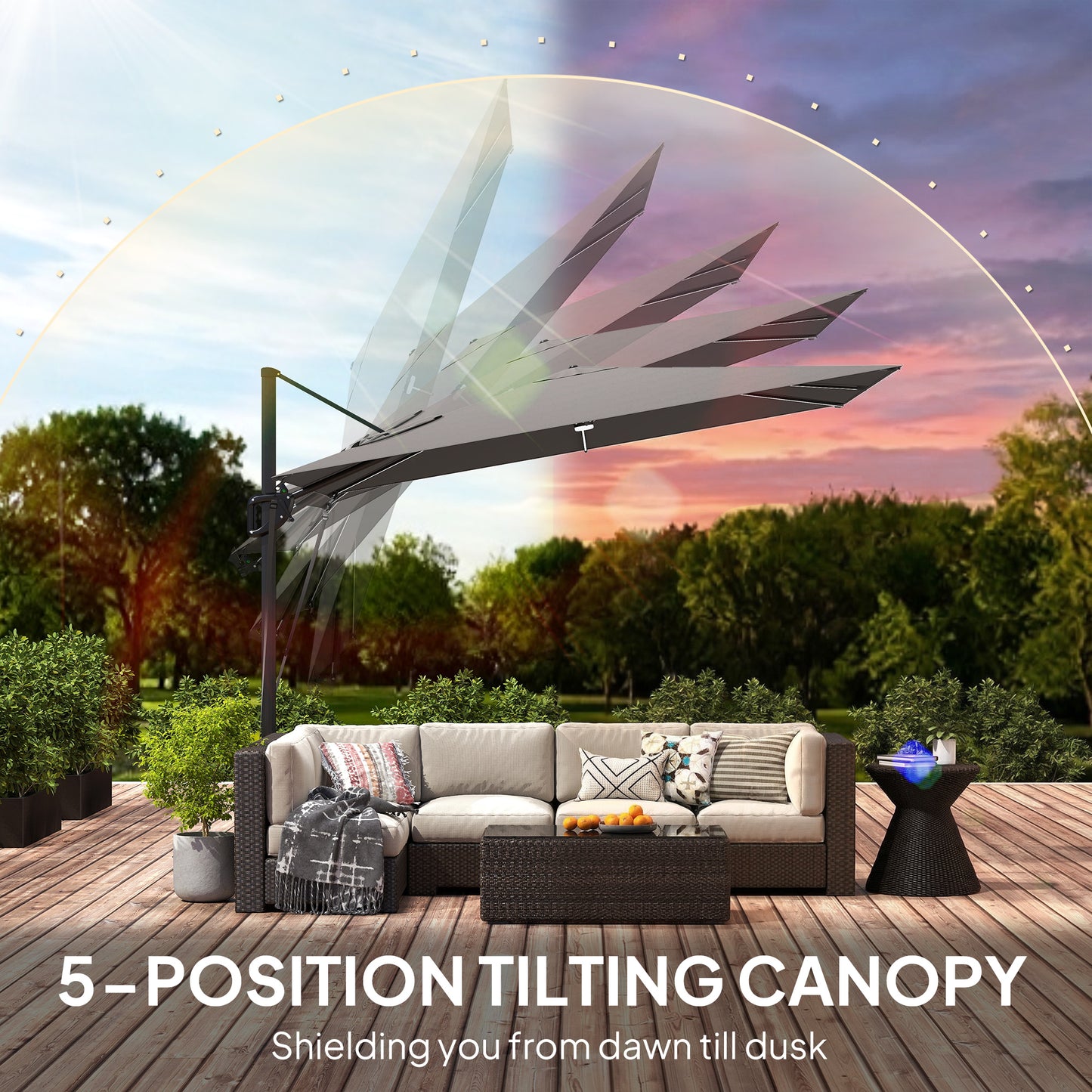 Outsunny 3 x 3 m Garden Cantilever Parasol w/ Light, Cover, UPF50+ Patio Umbrella w/ Wind Protection, 360° Rotation, Dark Grey