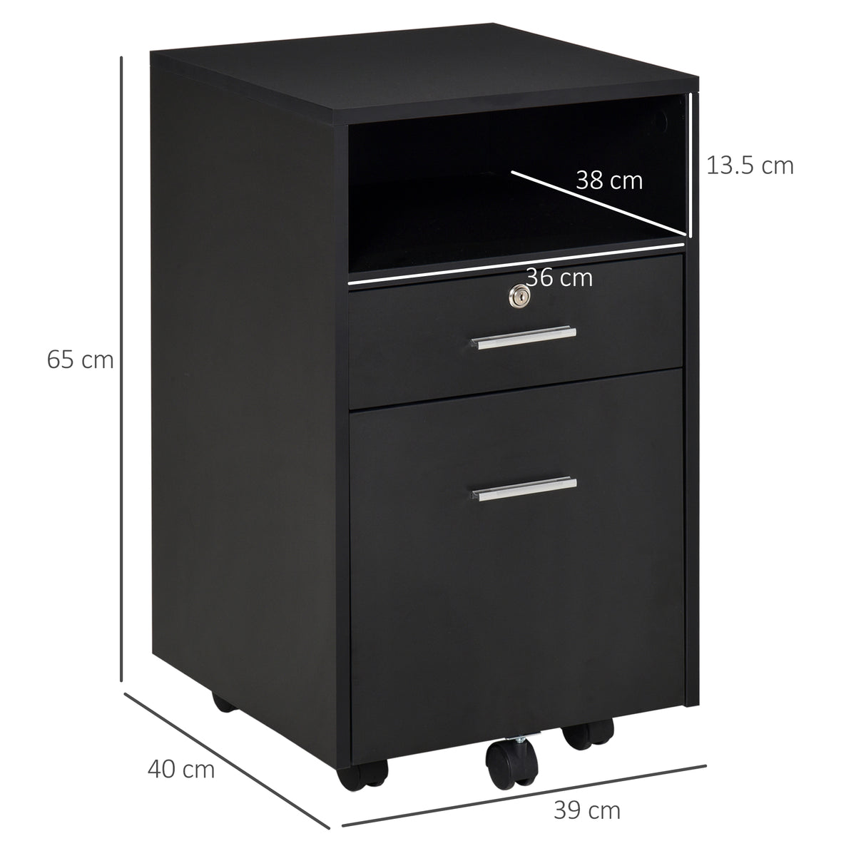 Black two-drawer filing cabinet with lock, open shelf and caster wheels; dimensions shown.
