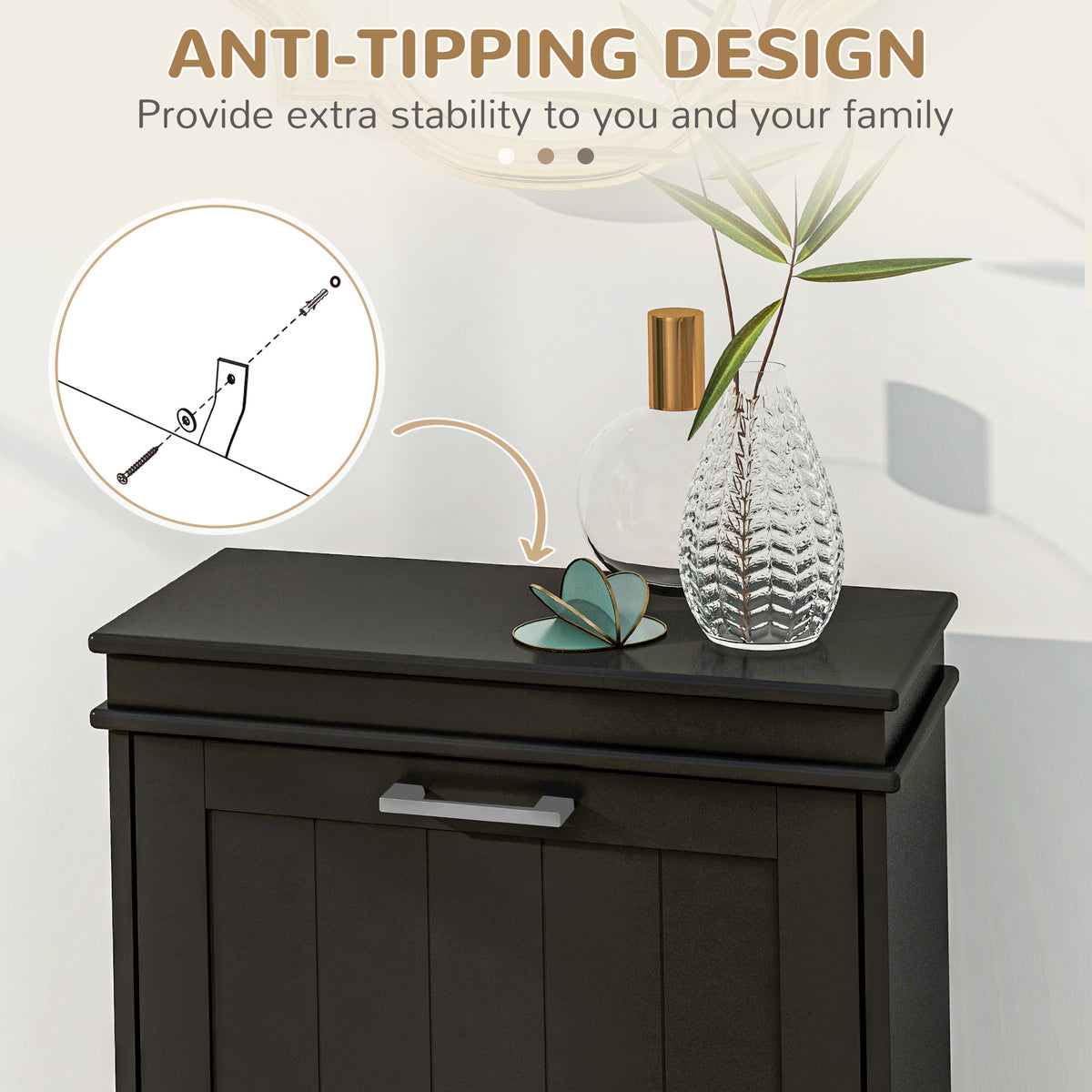 Black shoe cabinet with a wide top and drawer handle, illustrating its anti-tip wall attachment.