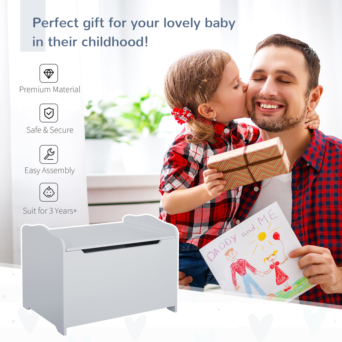 Grey wooden toy chest with a lift-up lid and front pull, shown beside a child