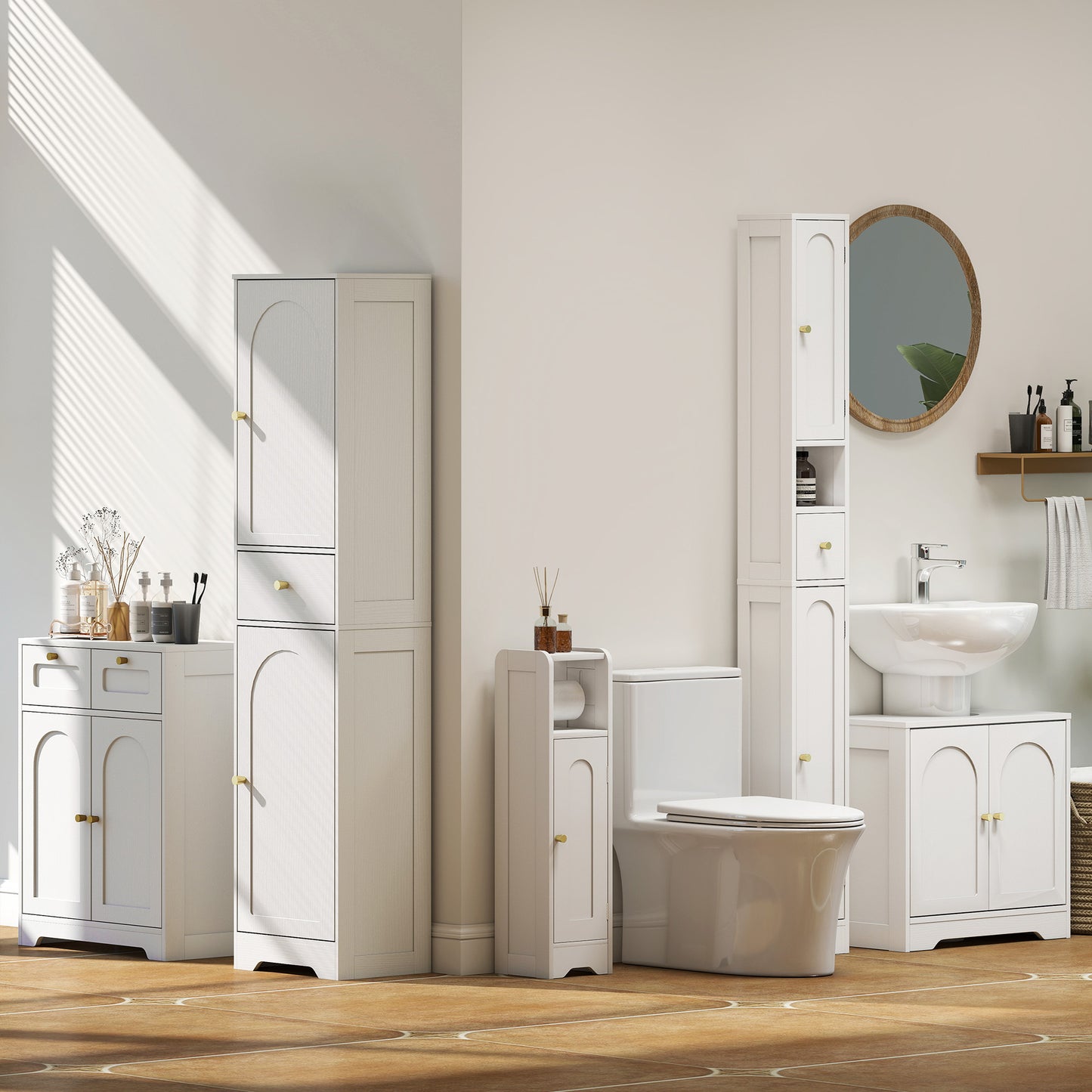 HOMCOM 185 cm Tall Bathroom Cabinet with Arched Doors - White