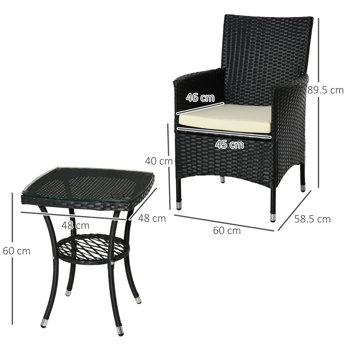 Outsunny rattan armchair and two-tier table with measurements shown