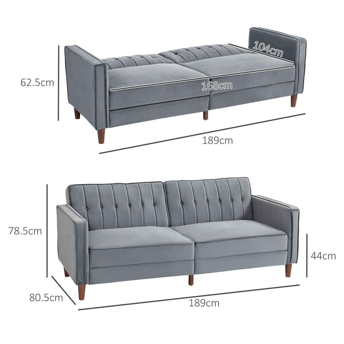 Sofa bed shown folded and unfolded with dimensions: 189 cm wide