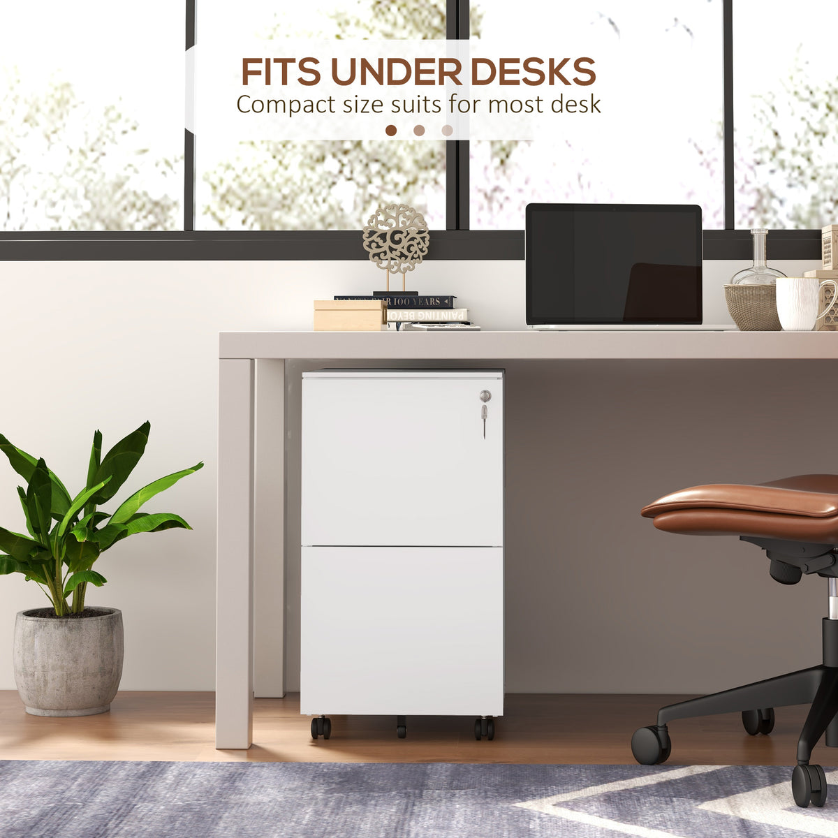 Vinsetto 2-Drawer Filing Cabinet with Lock and 5 Wheels, Steel Mobile File Cabinet, for A4, Legal and Letter Size, Pre-Assembled Body, White