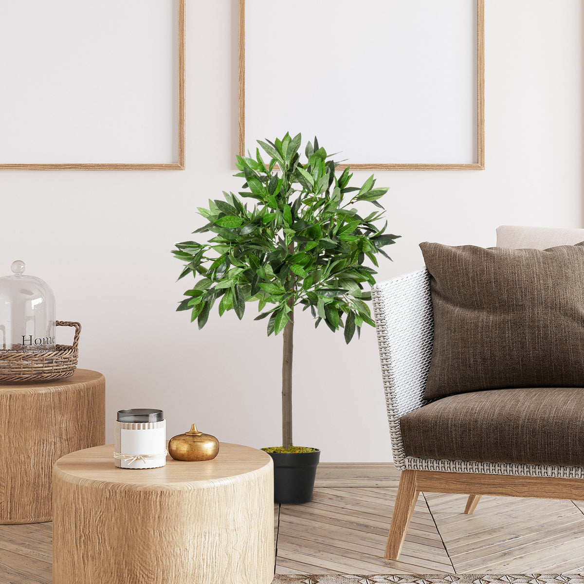 Artificial bay laurel topiary tree with dense green leaves and a black pot