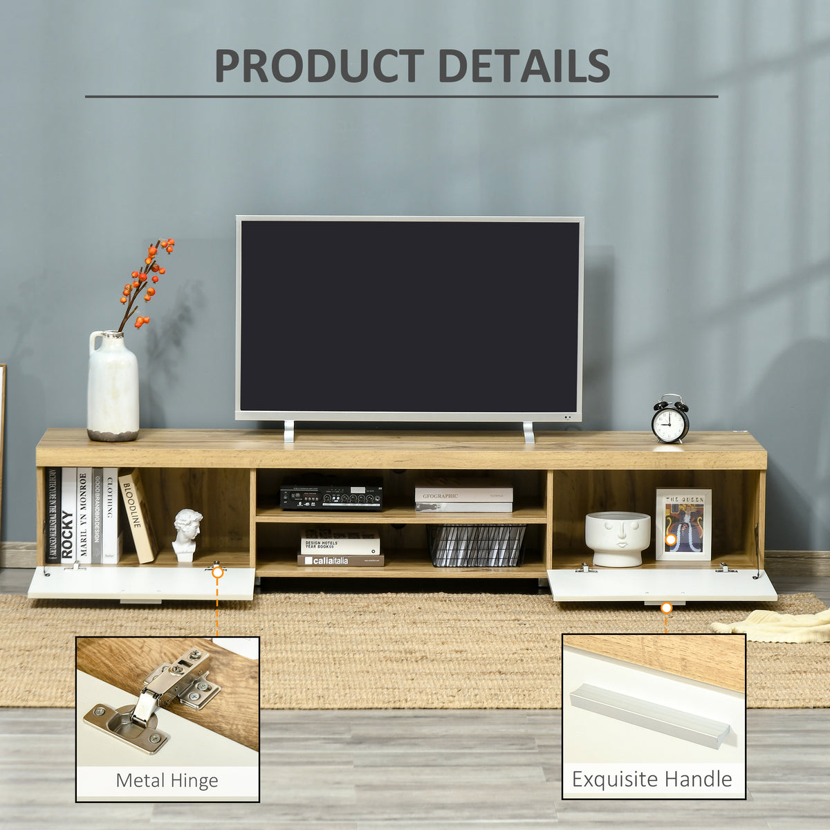 HOMCOM TV stand with white doors, open shelves, metal hinges, and slim handles