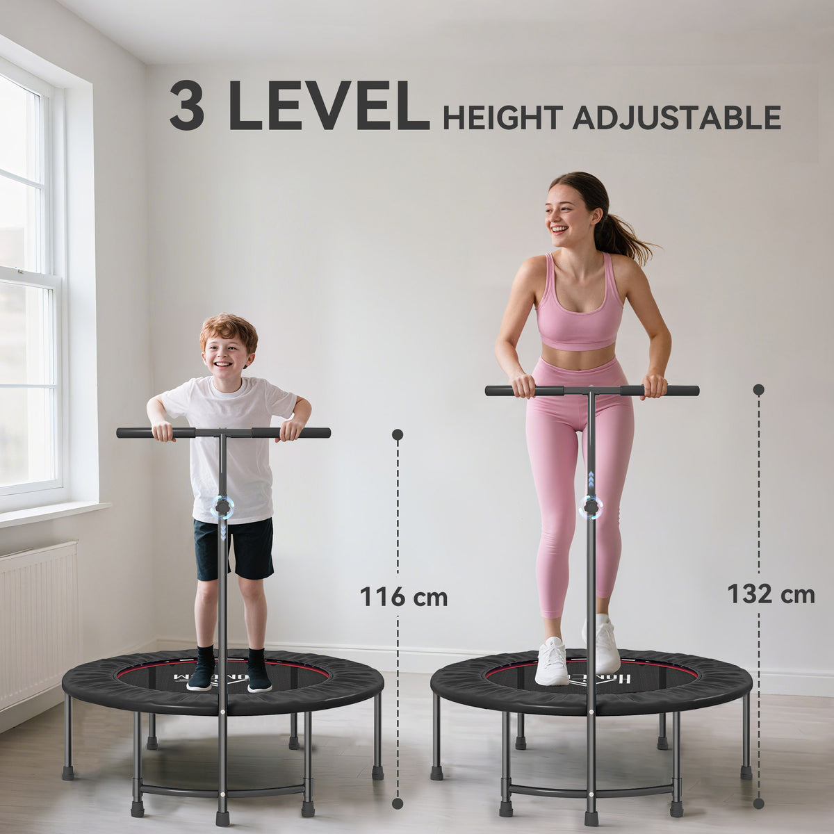 Black fitness trampolines with handles at two adjustable heights