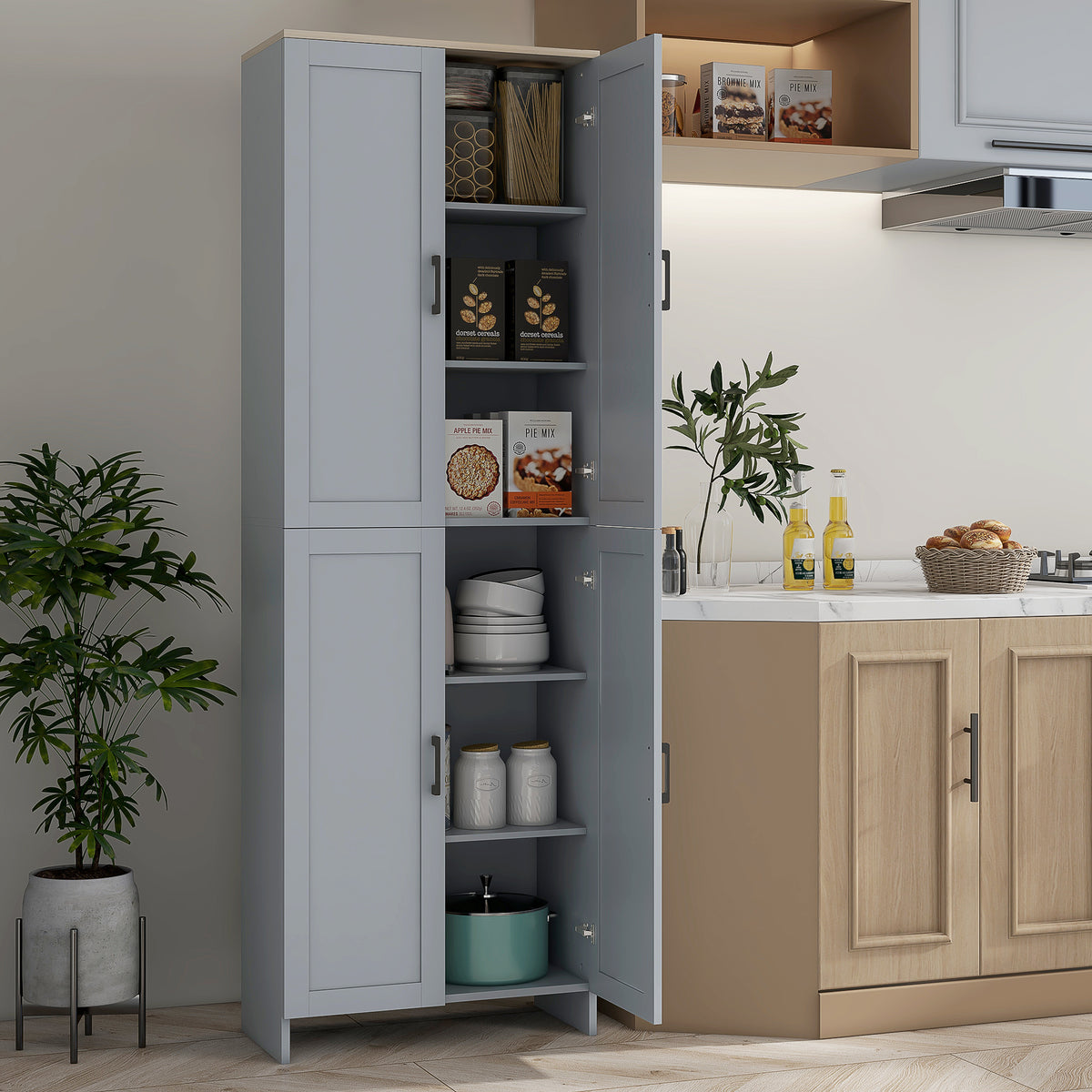HOMCOM Freestanding Kitchen Cupboard, 4-Door Storage Cabinet with Adjustable Shelves, Modern Kitchen Pantry for Dining Room, 170cm, Grey