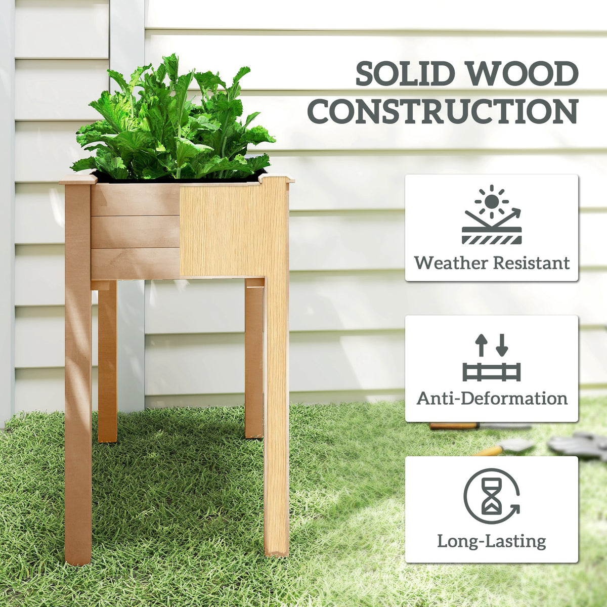 Outsunny wooden raised planter with leafy greens and solid wood legs
