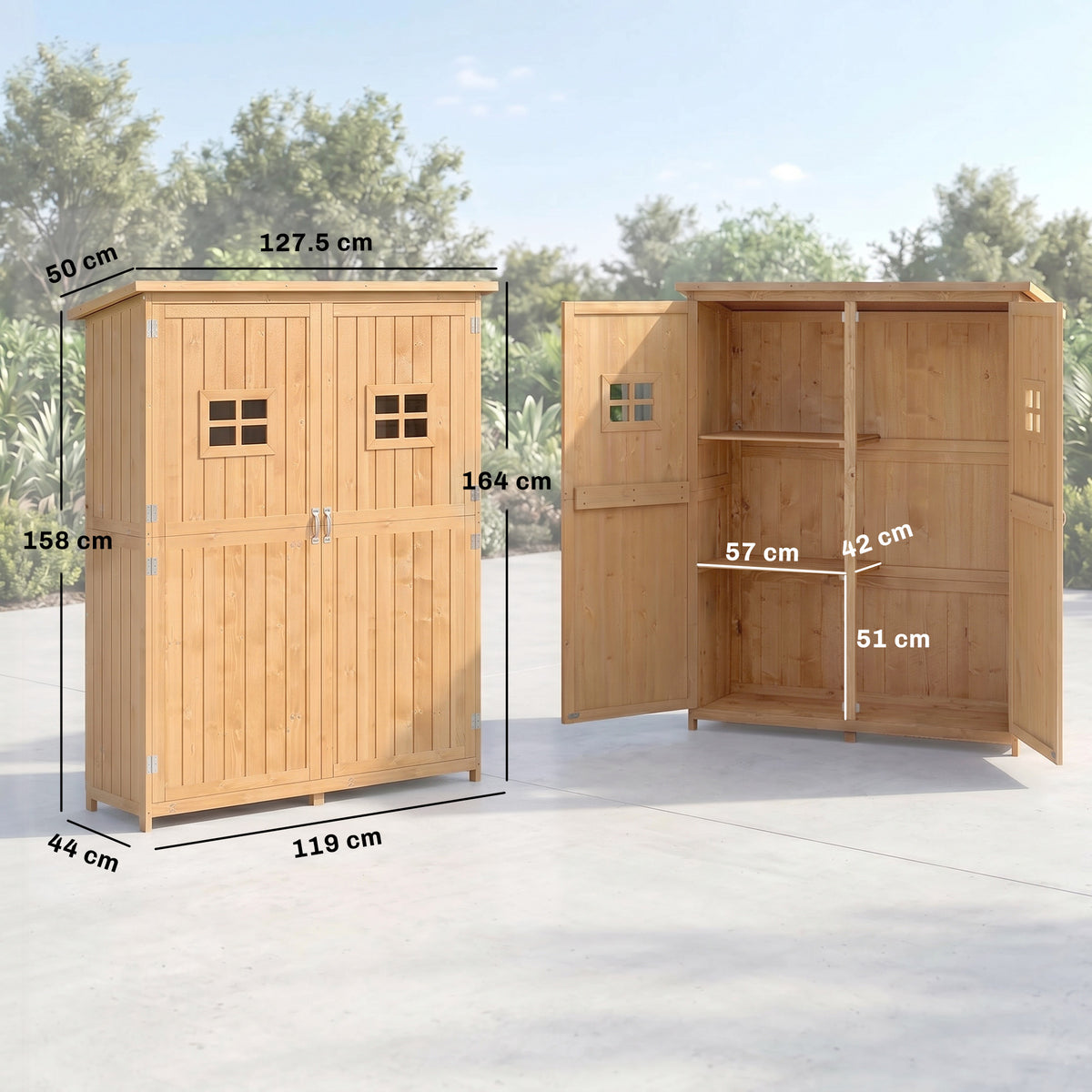 Wooden garden shed shown closed and open, with dimensions and interior shelves