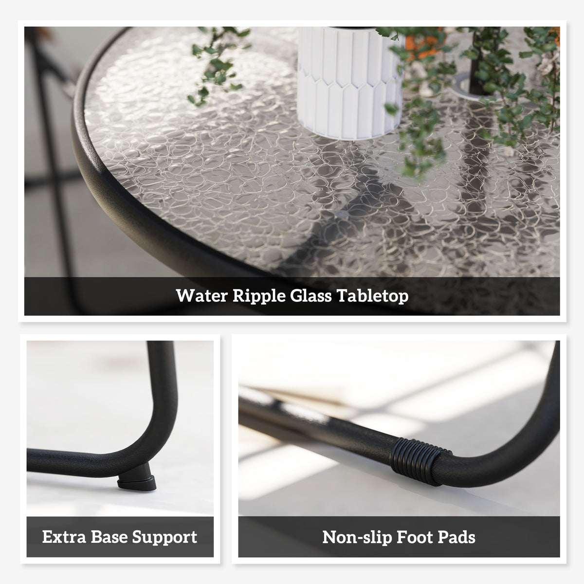 Round ripple-glass tabletop with close-ups of the table's support and nonslip foot pads