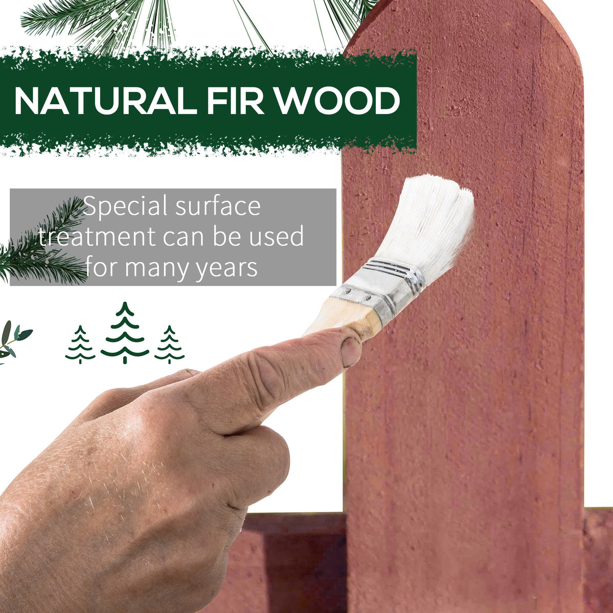 Wooden garden fence piece with reddish-brown finish, shown being brushed with surface treatment.