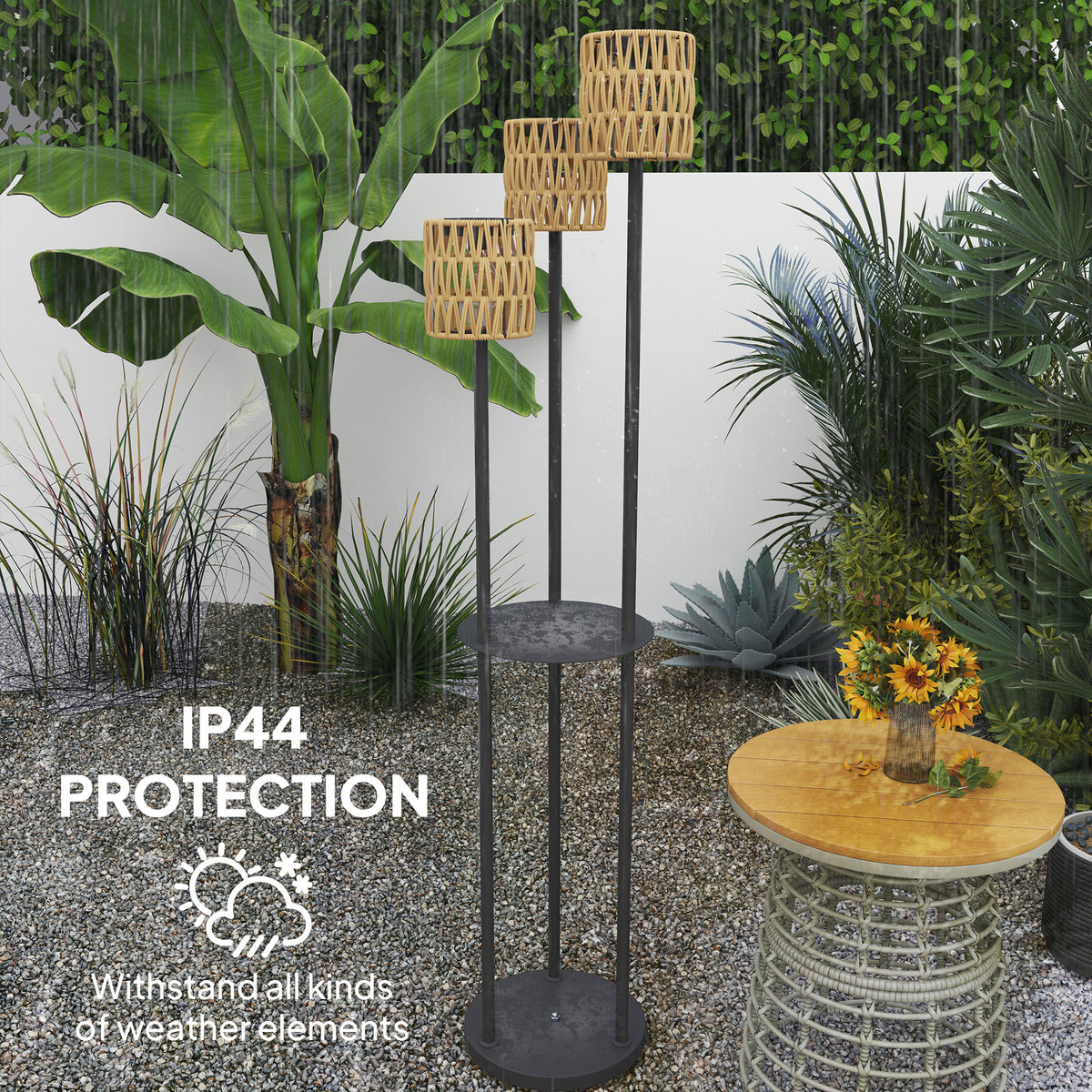 Outsunny Boho Rattan Floor Lamp, 3-Lights Rattan Lamp with Shelf, Freestanding Solar Garden Light with Auto On/Off Lights, IP44 Waterproof for Porch, Pathway, Terrace, Yellow