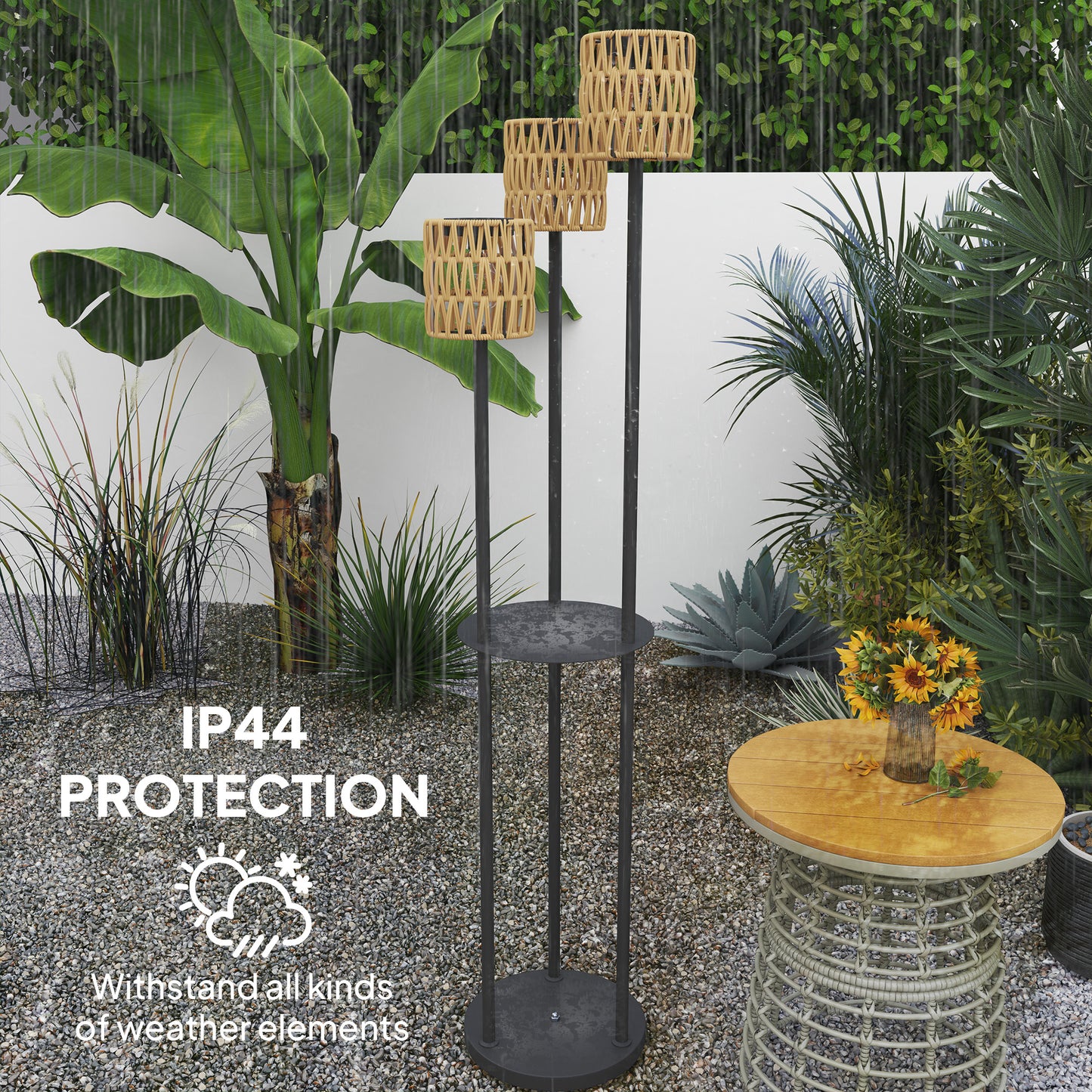 Outsunny Boho Rattan Floor Lamp, 3-Lights Rattan Lamp with Shelf, Freestanding Solar Garden Light with Auto On/Off Lights, IP44 Waterproof for Porch, Pathway, Terrace, Yellow