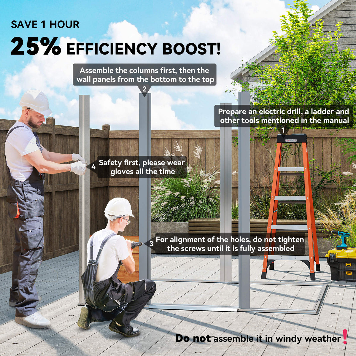 Outsunny garden shed frame with metal support columns during assembly