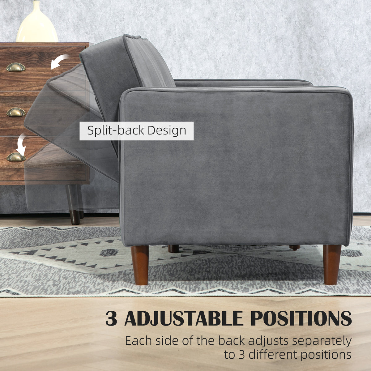 Sofa bed with split backrest shown adjusting to three positions