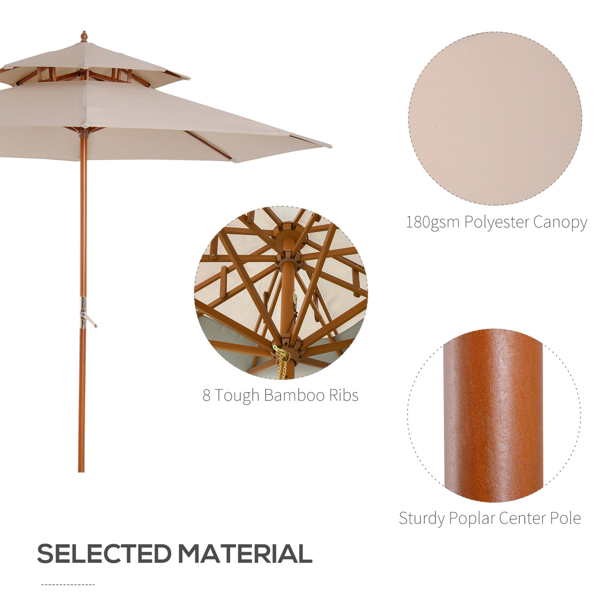 Beige parasol with polyester canopy, bamboo ribs and poplar center pole