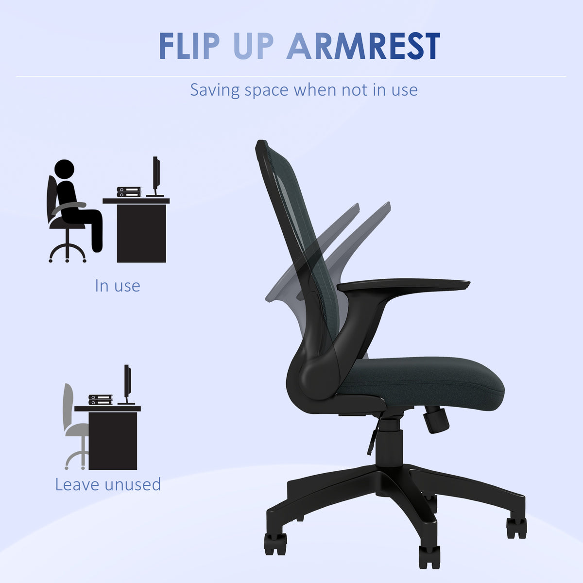 Grey mesh office chair shown with armrests in use and flipped up for space saving.