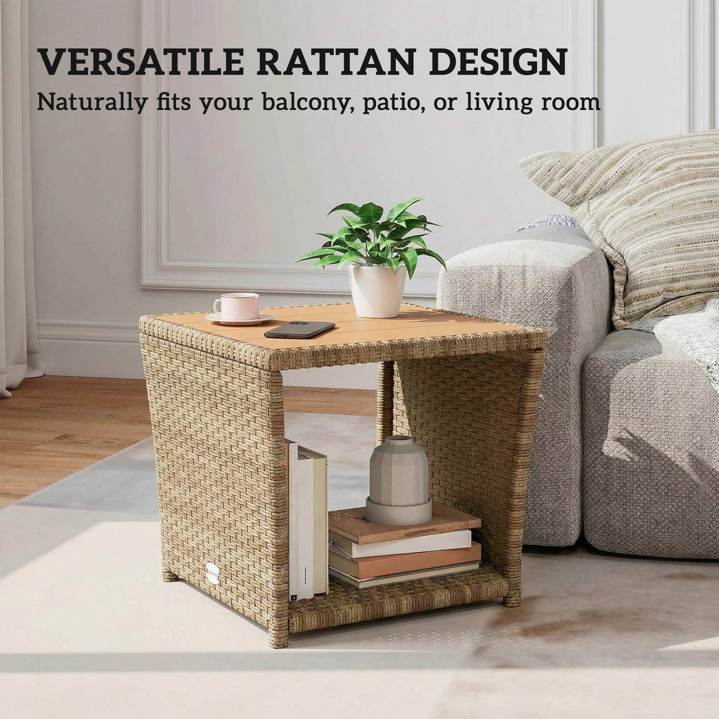 Outsunny Side Table 2-Tier Outdoor Coffee Table with Storage Shelf PS Wood Slat Top/Khaki