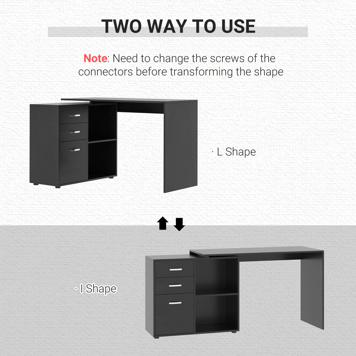 Black desk shown in L-shaped and straight configurations