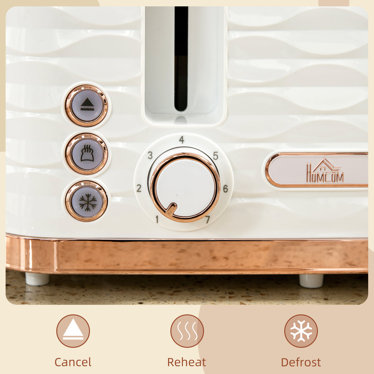 Close-up of toaster browning dial, function buttons and rose-gold trim
